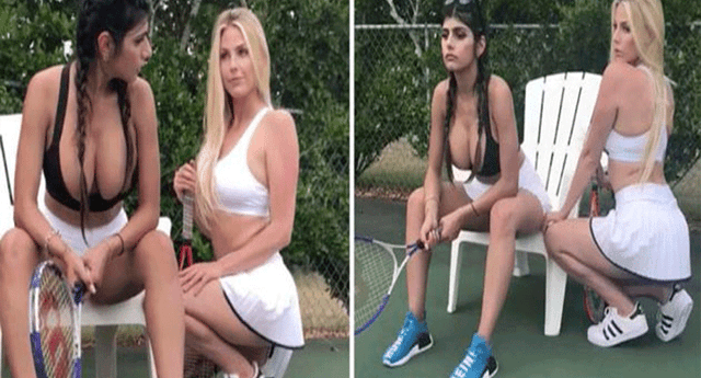 Mia Khalifa jugando un partido de tenis