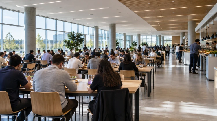 Comedor de empresa atendido por un concesionario de alimentos en hora de almuerzo